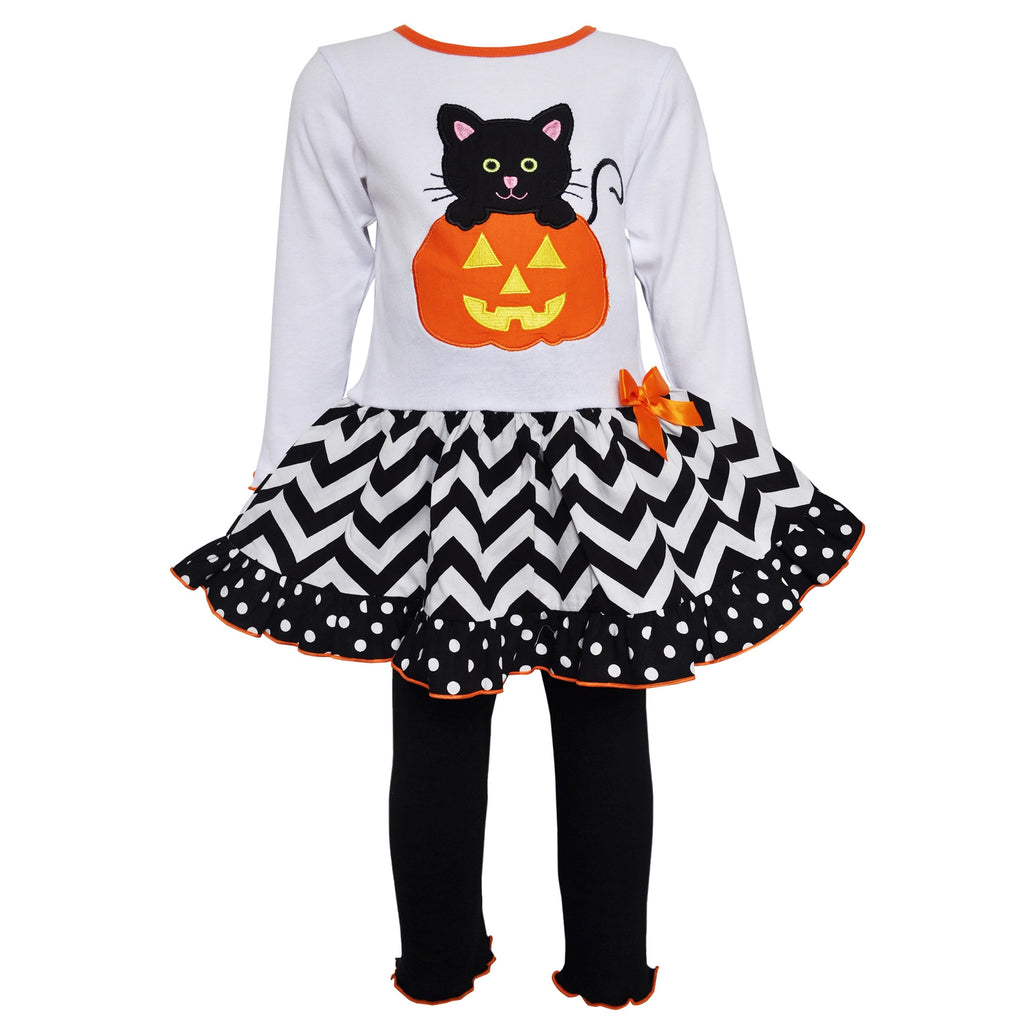 AnnLoren Girls' Halloween Orange Pumpkin and Black Cat Dress & Leggings Outfit-0