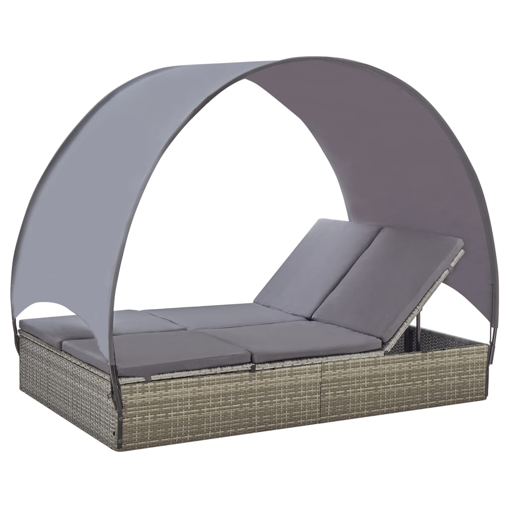 vidaXL Double Sun Lounger with Canopy Poly Rattan Gray-0