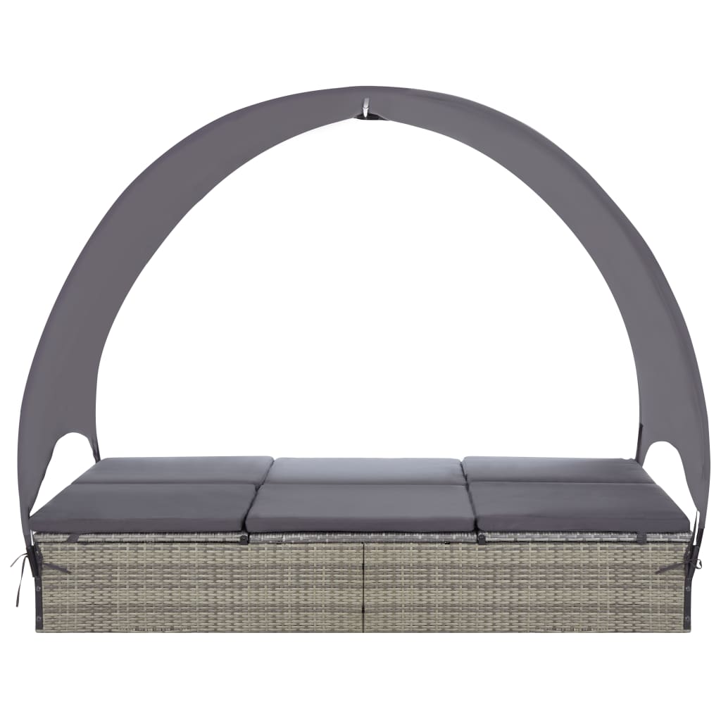 vidaXL Double Sun Lounger with Canopy Poly Rattan Gray-2
