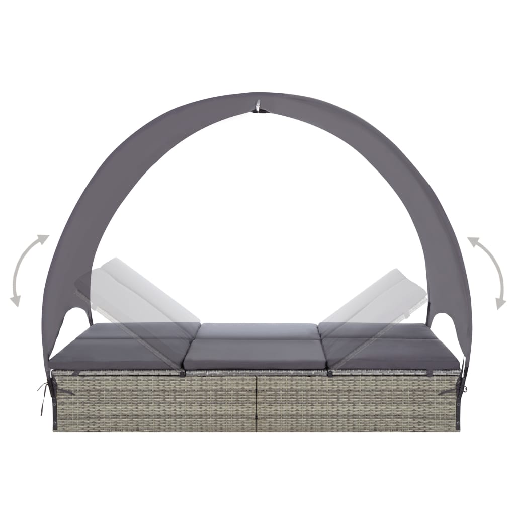 vidaXL Double Sun Lounger with Canopy Poly Rattan Gray-3