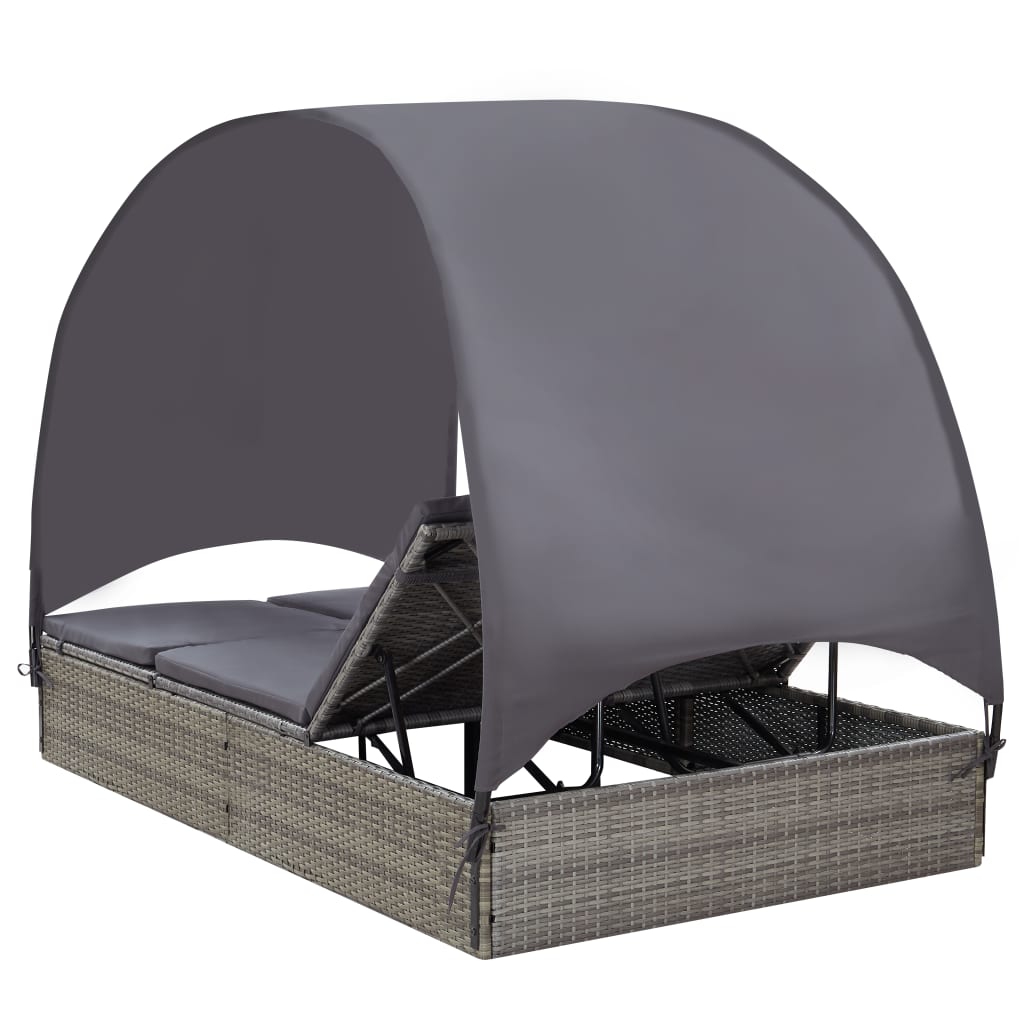 vidaXL Double Sun Lounger with Canopy Poly Rattan Gray-4