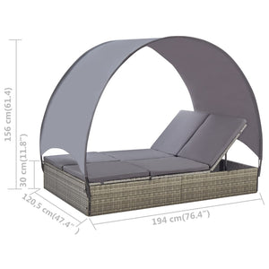 vidaXL Double Sun Lounger with Canopy Poly Rattan Gray-7
