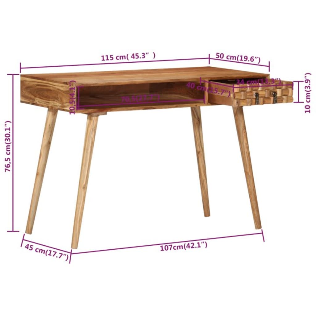 vidaXL Writing Desk 45.3"x19.7"x29.9" Solid Wood Acacia-8