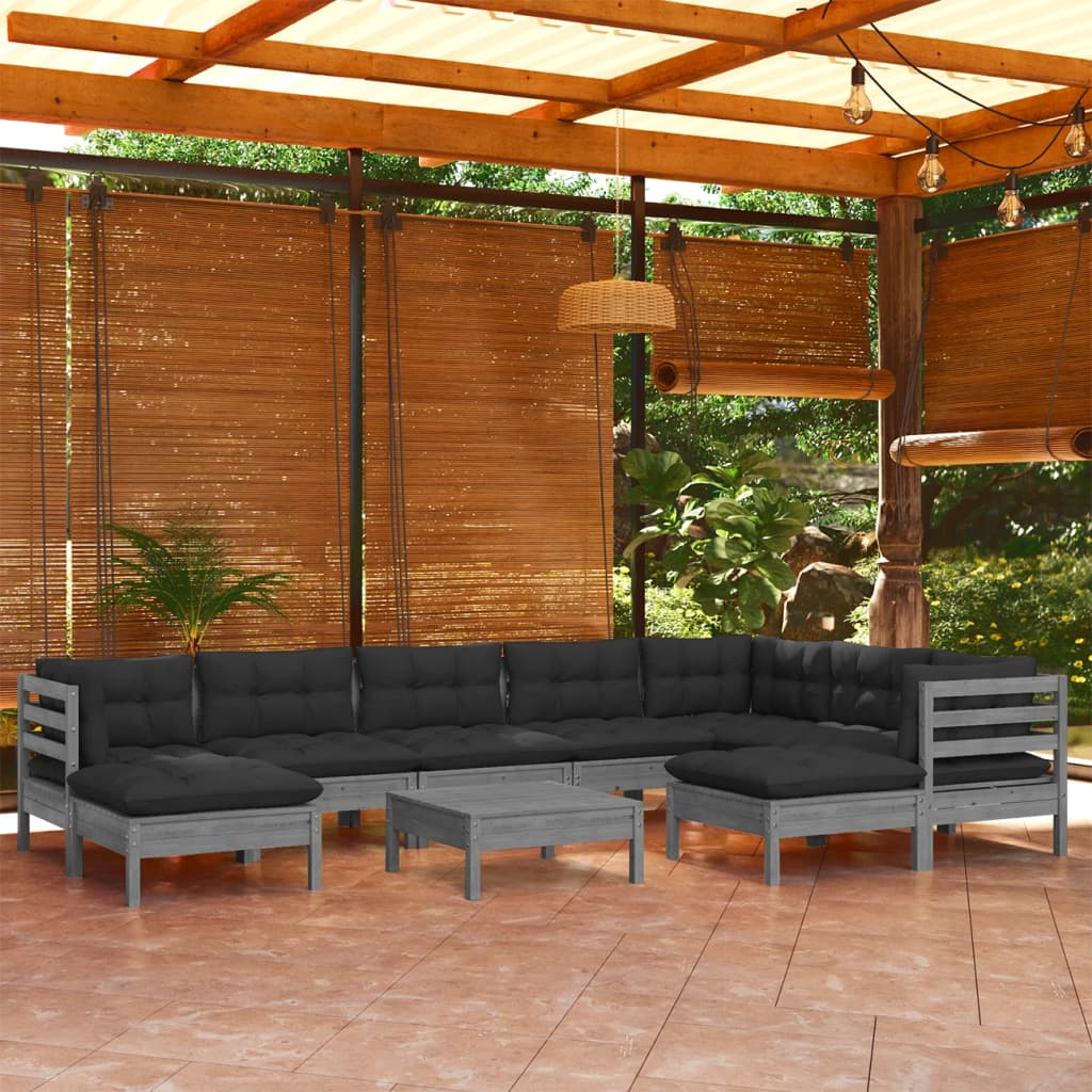 vidaXL 10 Piece Patio Lounge Set with Cream Cushions Solid Pinewood-0