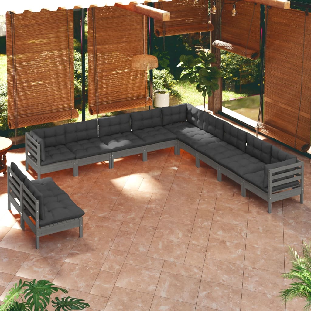vidaXL 11 Piece Patio Lounge Set with Cream Cushions Solid Pinewood-5