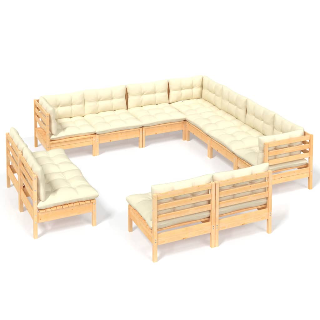 vidaXL 11 Piece Patio Lounge Set with Cream Cushions Solid Pinewood-2