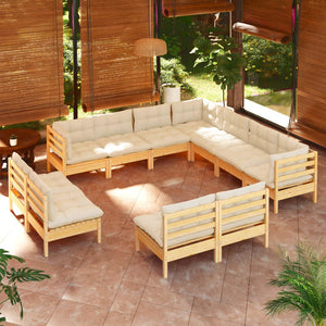 vidaXL 11 Piece Patio Lounge Set with Cream Cushions Solid Pinewood-15