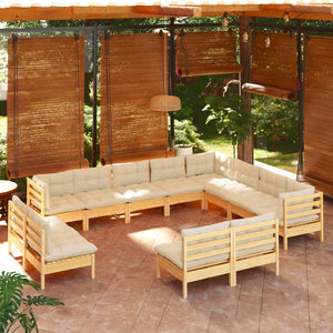 vidaXL 12 Piece Patio Lounge Set with Cream Cushions Solid Pinewood-15