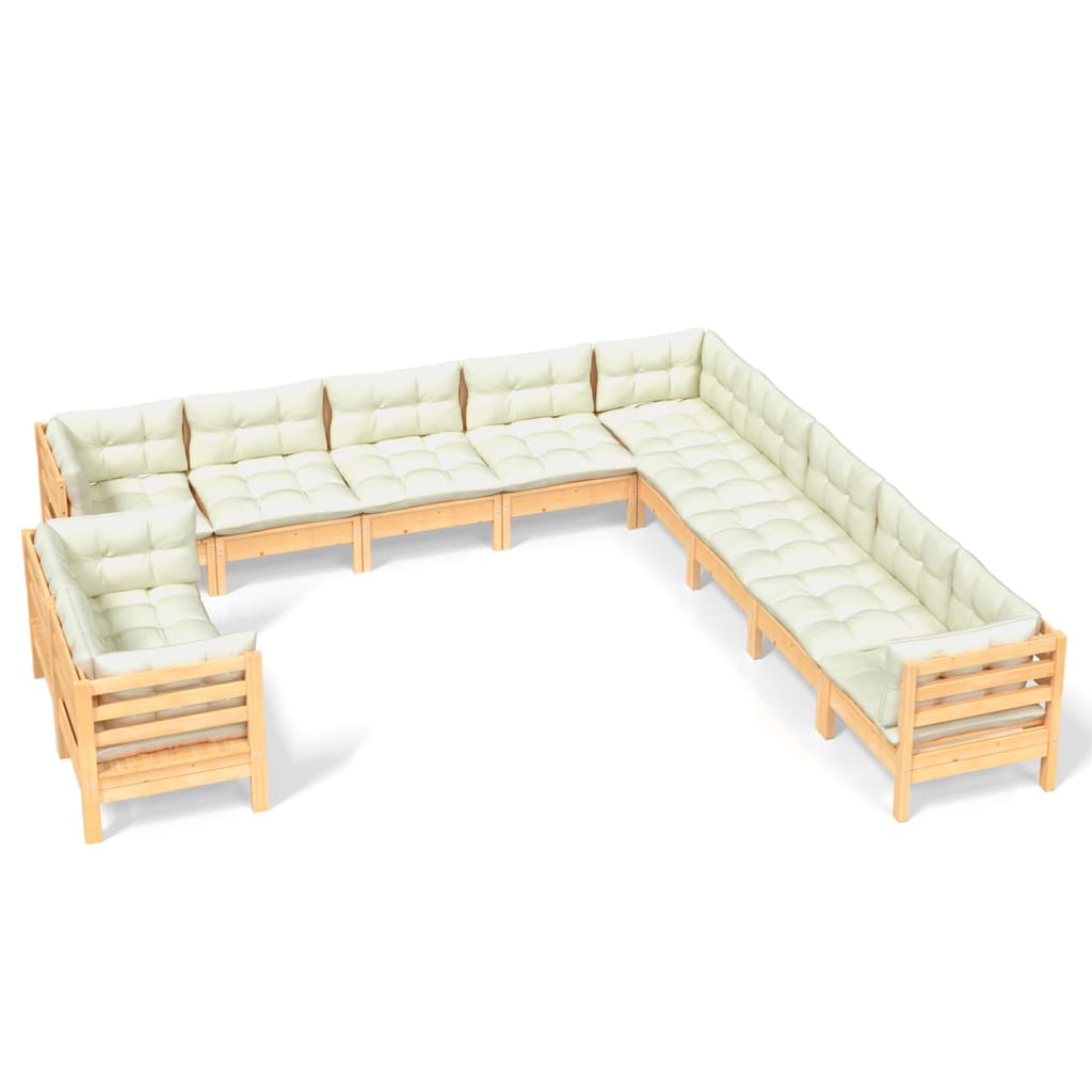 vidaXL 11 Piece Patio Lounge Set with Cream Cushions Solid Pinewood-14