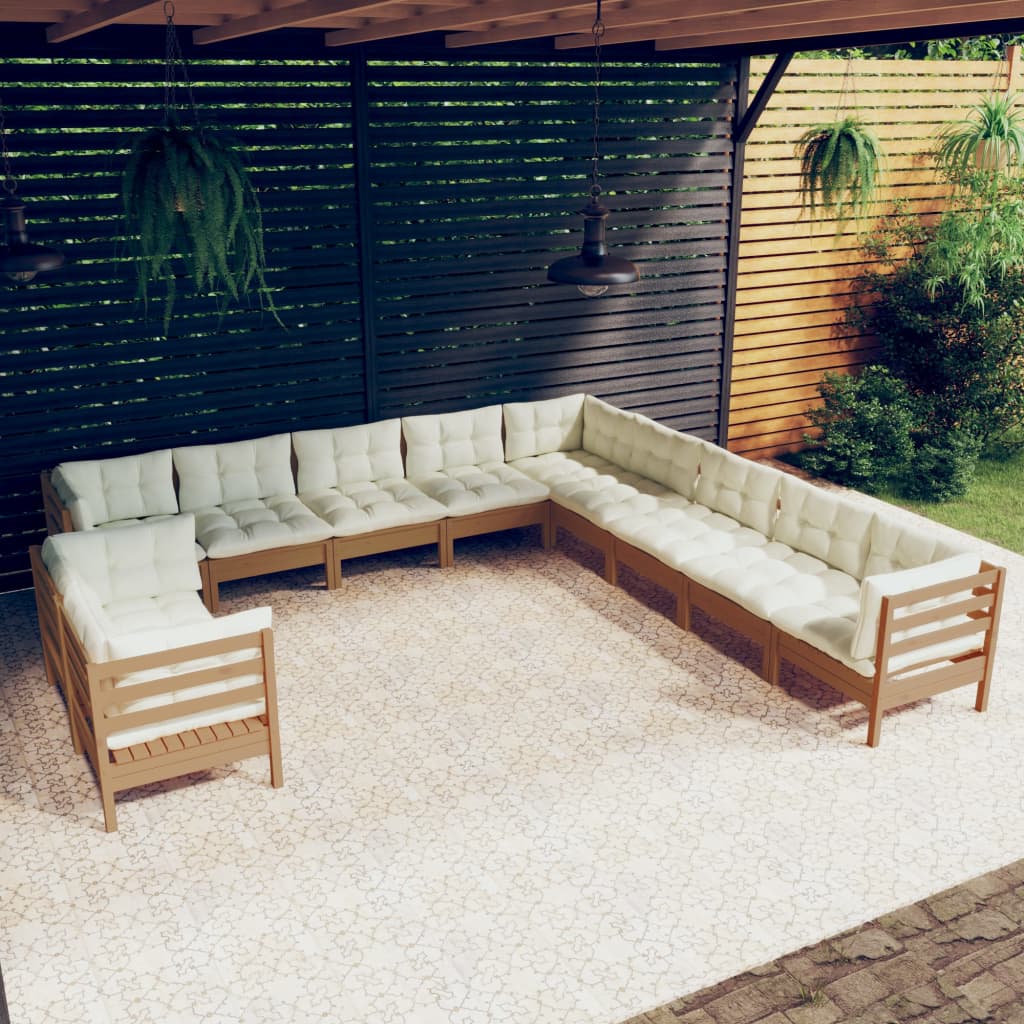 vidaXL 11 Piece Patio Lounge Set with Cream Cushions Solid Pinewood-16