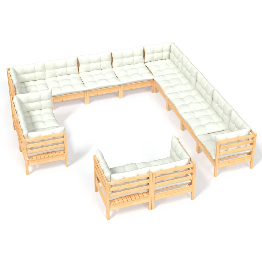 vidaXL 13 Piece Patio Lounge Set with Cream Cushions Solid Pinewood-0