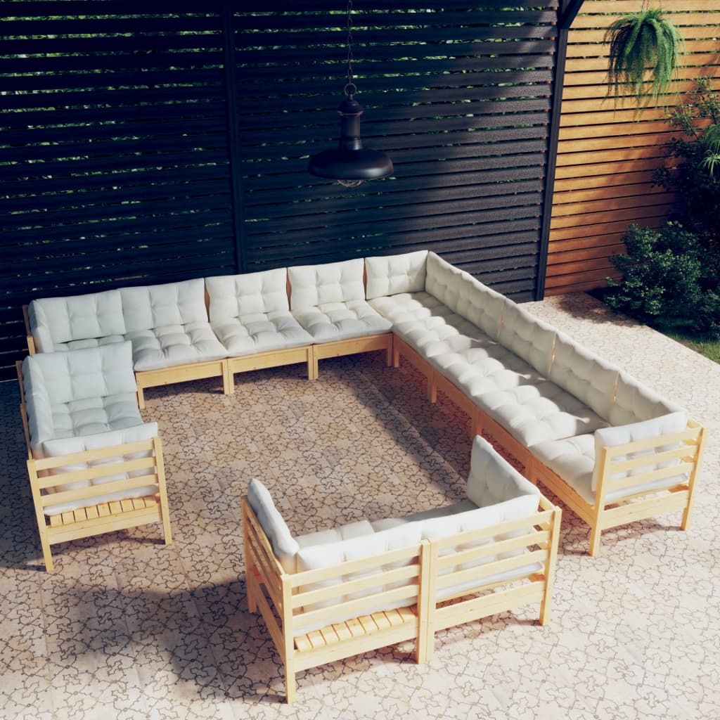 vidaXL 13 Piece Patio Lounge Set with Cream Cushions Solid Pinewood-16