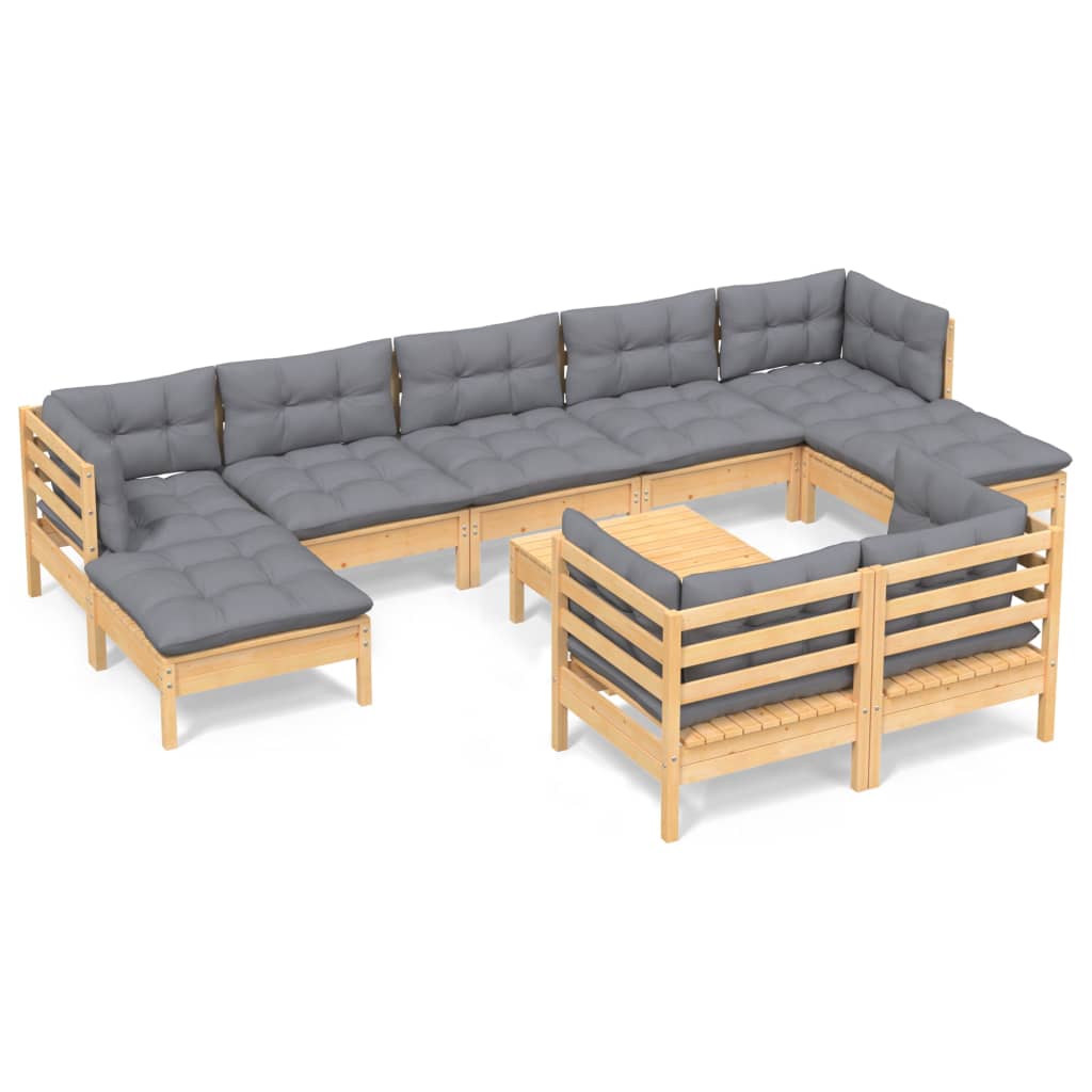 vidaXL 10 Piece Patio Lounge Set with Cream Cushions Solid Pinewood-3