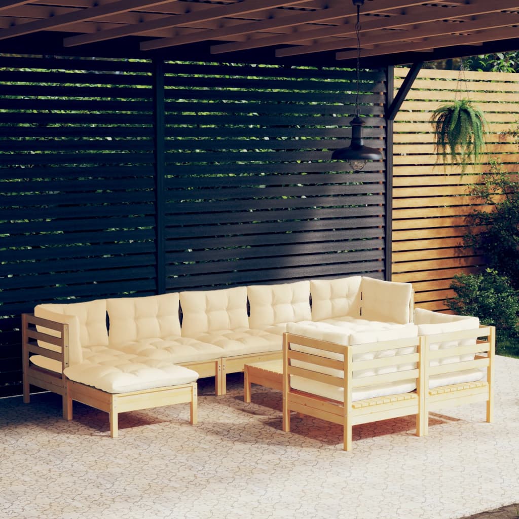 vidaXL 10 Piece Patio Lounge Set with Cream Cushions Solid Pinewood-16