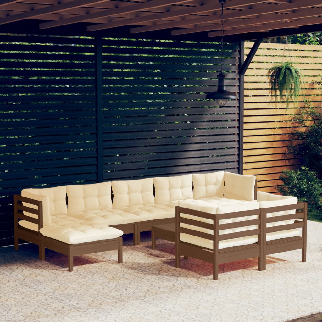 vidaXL 10 Piece Patio Lounge Set with Cream Cushions Solid Pinewood-0