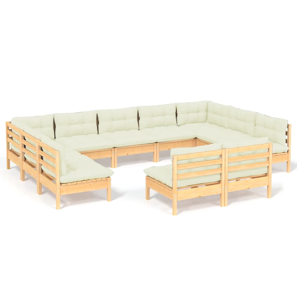 vidaXL 11 Piece Patio Lounge Set with Cream Cushions Solid Pinewood-14