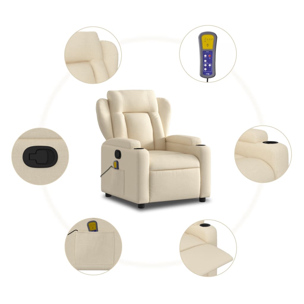 vidaXL Massage Recliner Chair Cream Fabric-4
