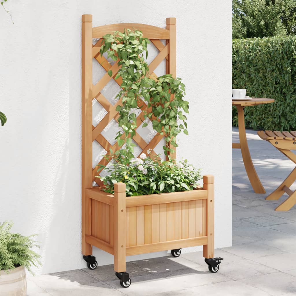 vidaXL Planter with Trellis and Wheels Brown Solid Wood Fir-0