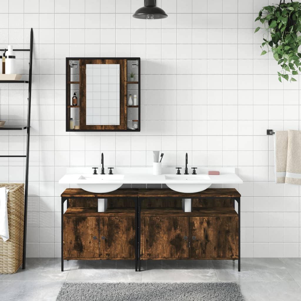 vidaXL 3 Piece Bathroom Cabinet Set Smoked Oak Engineered Wood-1