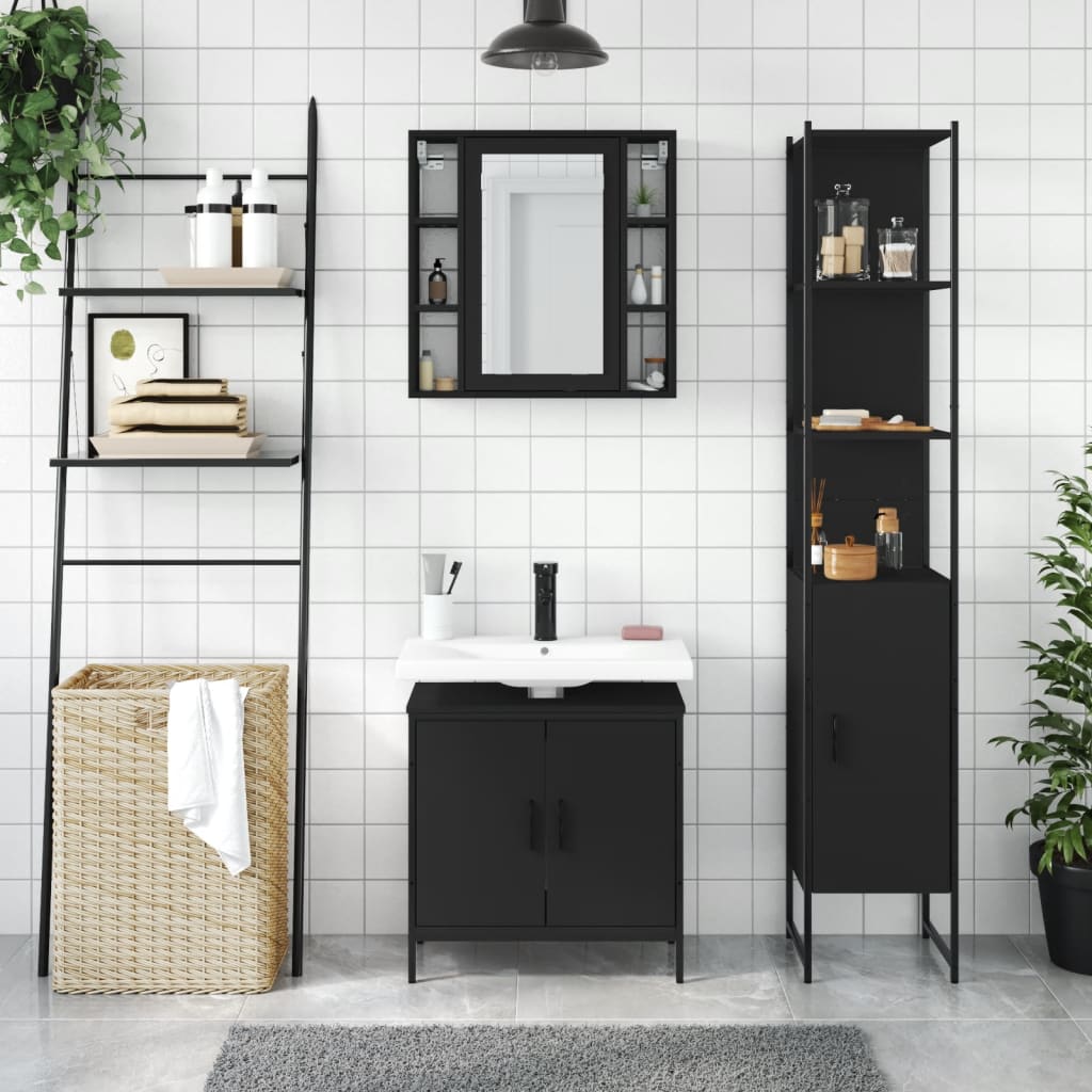 vidaXL 3 Piece Bathroom Cabinet Set Black Engineered Wood-2