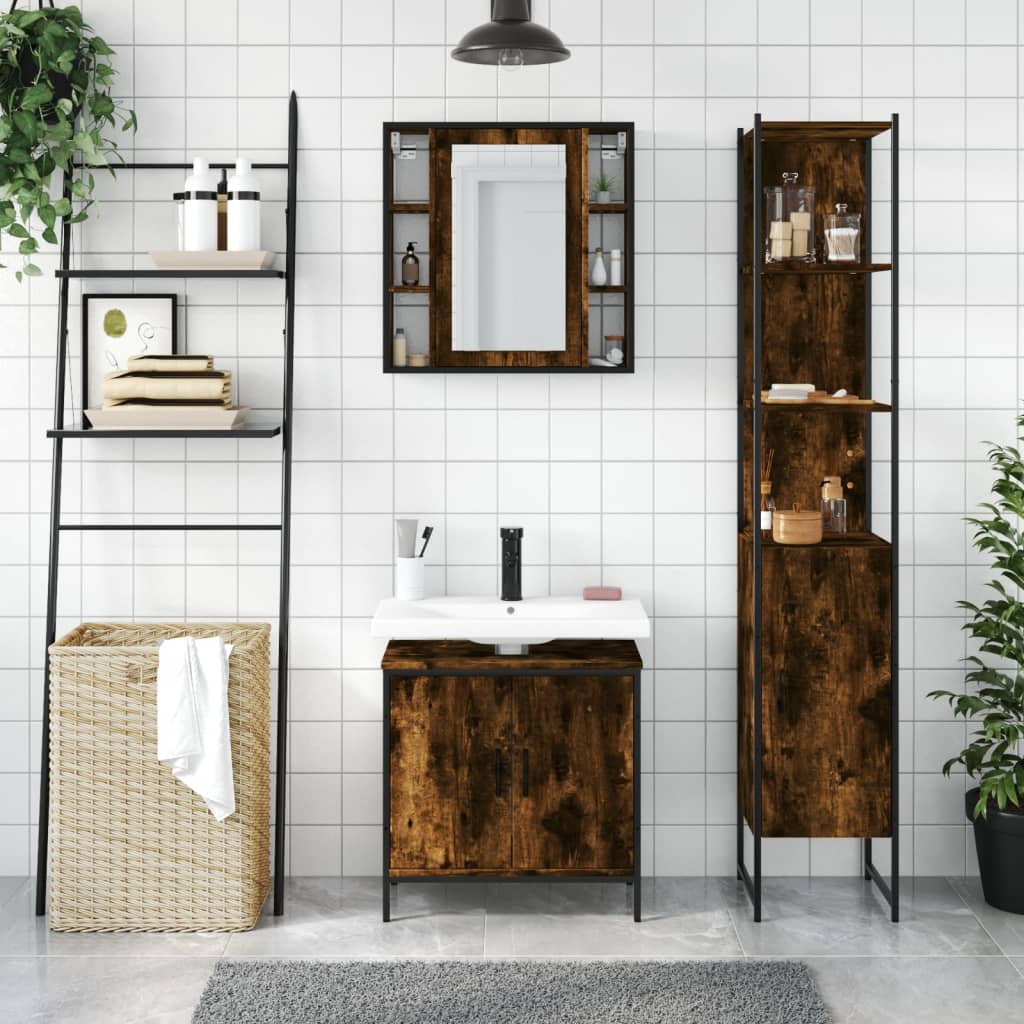 vidaXL 3 Piece Bathroom Cabinet Set Smoked Oak Engineered Wood-1