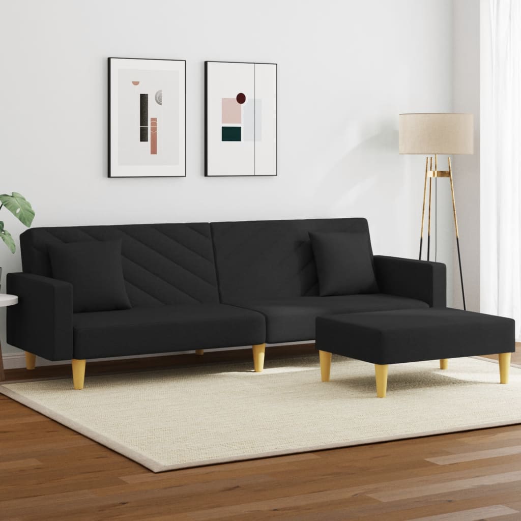 vidaXL 2-Seater Sofa Bed with Pillows and Footstool Black Fabric-0