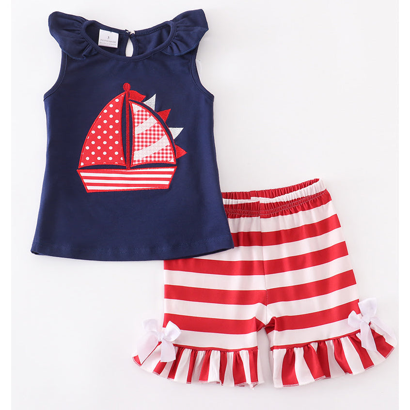 Girls Nautical Sailboat Tank And Ruffle Shorts Outfit-0