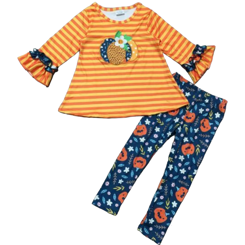 Girls Orange & Blue Fall Harvest Pumpkin Tunic and Leggings-0