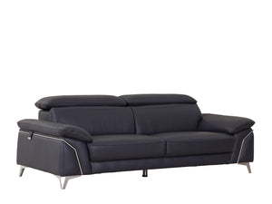 Dark Blue Italian Leather Stationary L Shaped Two Piece Sofa And Chaise