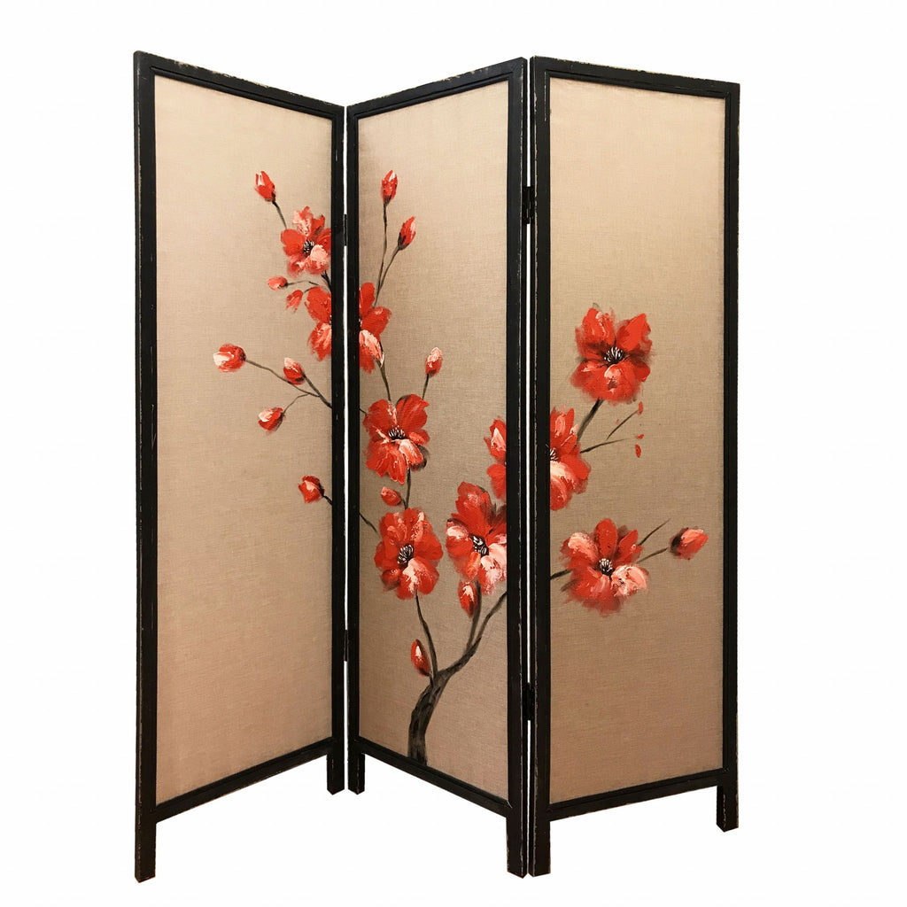 60 X 1 X 63 Brown Fabric And Wood Blooming  3 Panel Screen - 99fab 