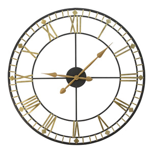 32" Circle Gold And Black Metal Skeleton Wall Clock