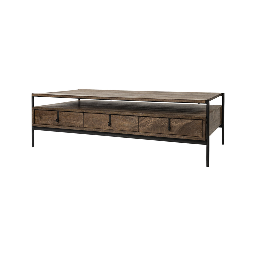 Rectangular Solid Wood And Black Metal Coffee Table W 3 Drawers - 99fab 