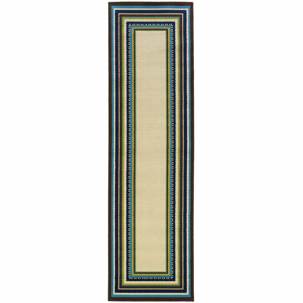 8' Ivory Mediterranean Blue And Lime Border Indoor Outdoor Runner Rug - 99fab 
