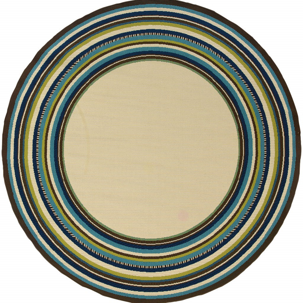 7' Round Ivory Mediterranean Blue And Lime Border Indoor Outdoor Area Rug - 99fab 