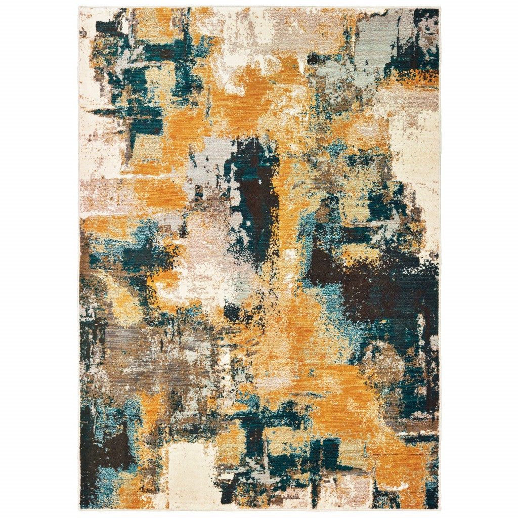 7’X10’ Blue And Gold Abstract Strokes Area Rug