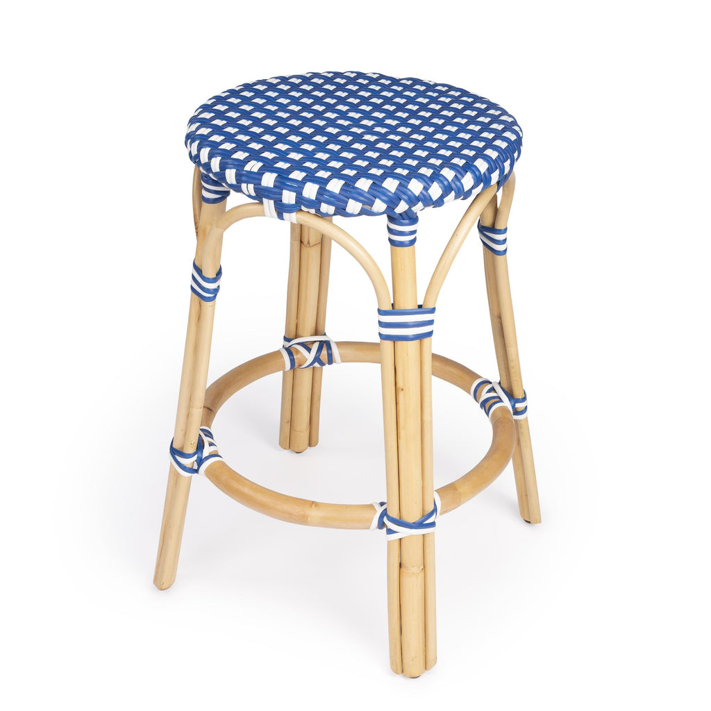 Blue and White Rattan Counter Stool - 99fab 