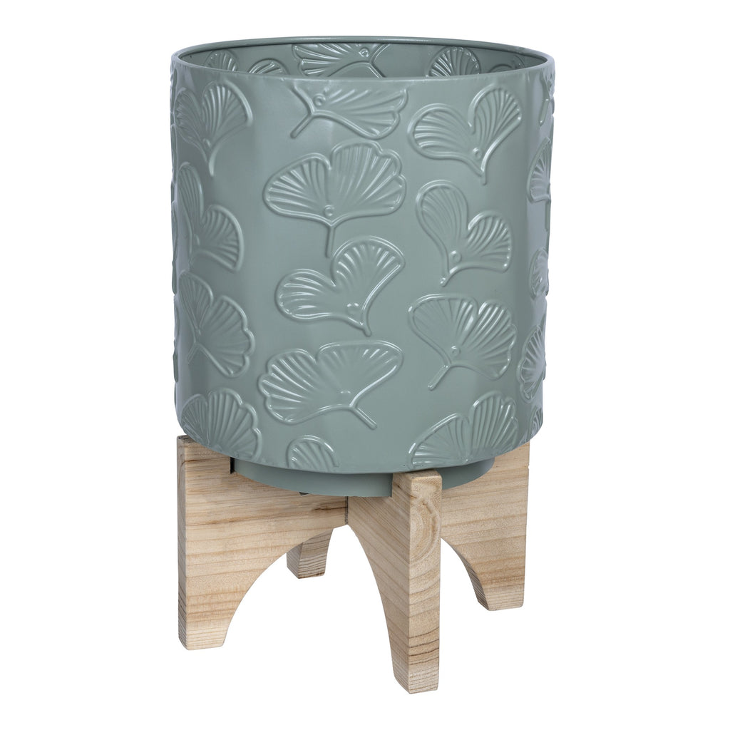 Leaf Pattern Green Planter With Wooden Base - 99fab 