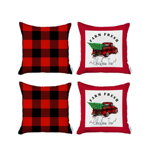 Set of 4 Red Plaid and Red Truck Throw Pillows