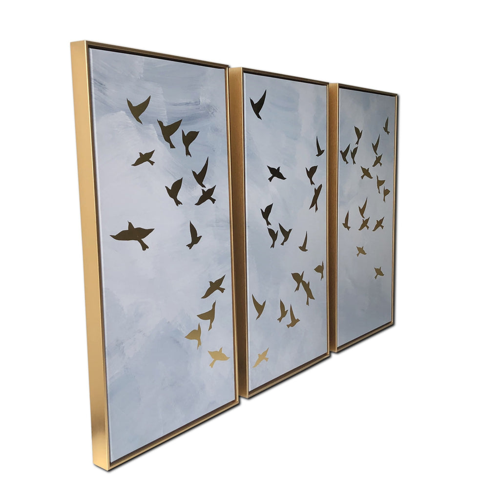 Set of Three Golden Birds Framed Canvas Wall Art - 99fab 