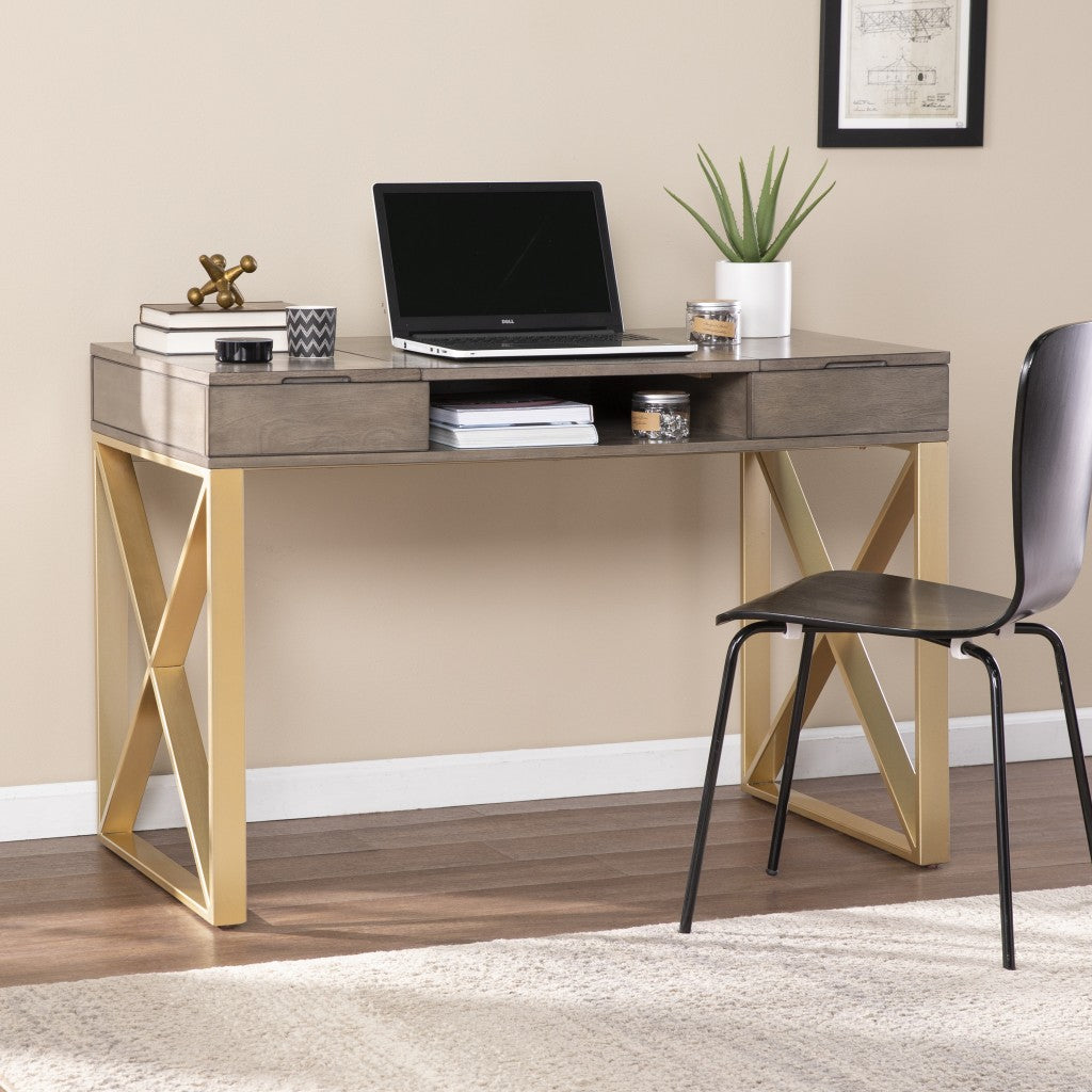 Modern Gray and Gold Writing Desk with Storage - 99fab 