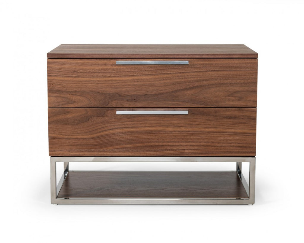 Contemporary Walnut and Stainless Steel Nightstand with Two Drawers - 99fab 