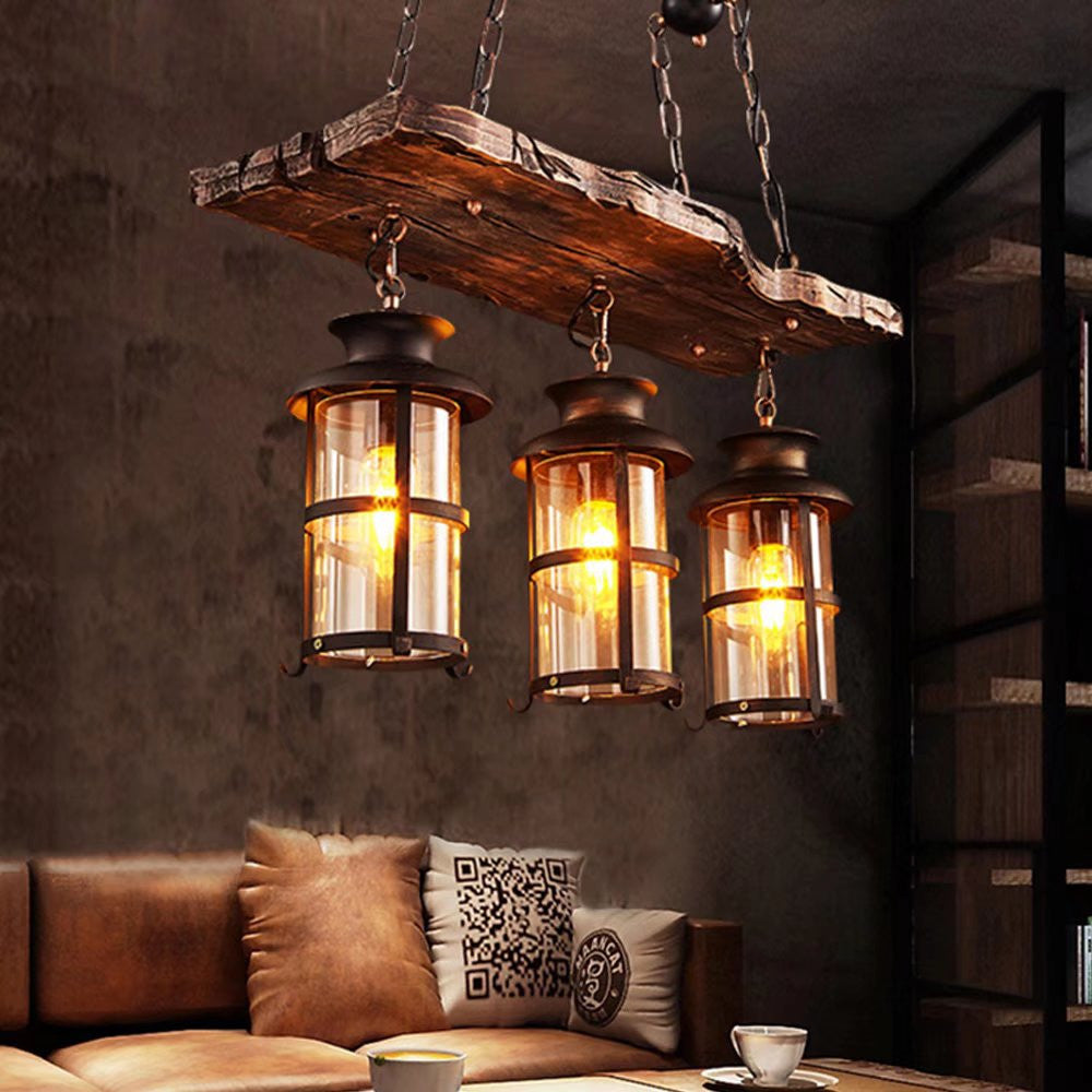 Rustic Wood and Metal Three Light Hanging Lantern Chandelier - 99fab 
