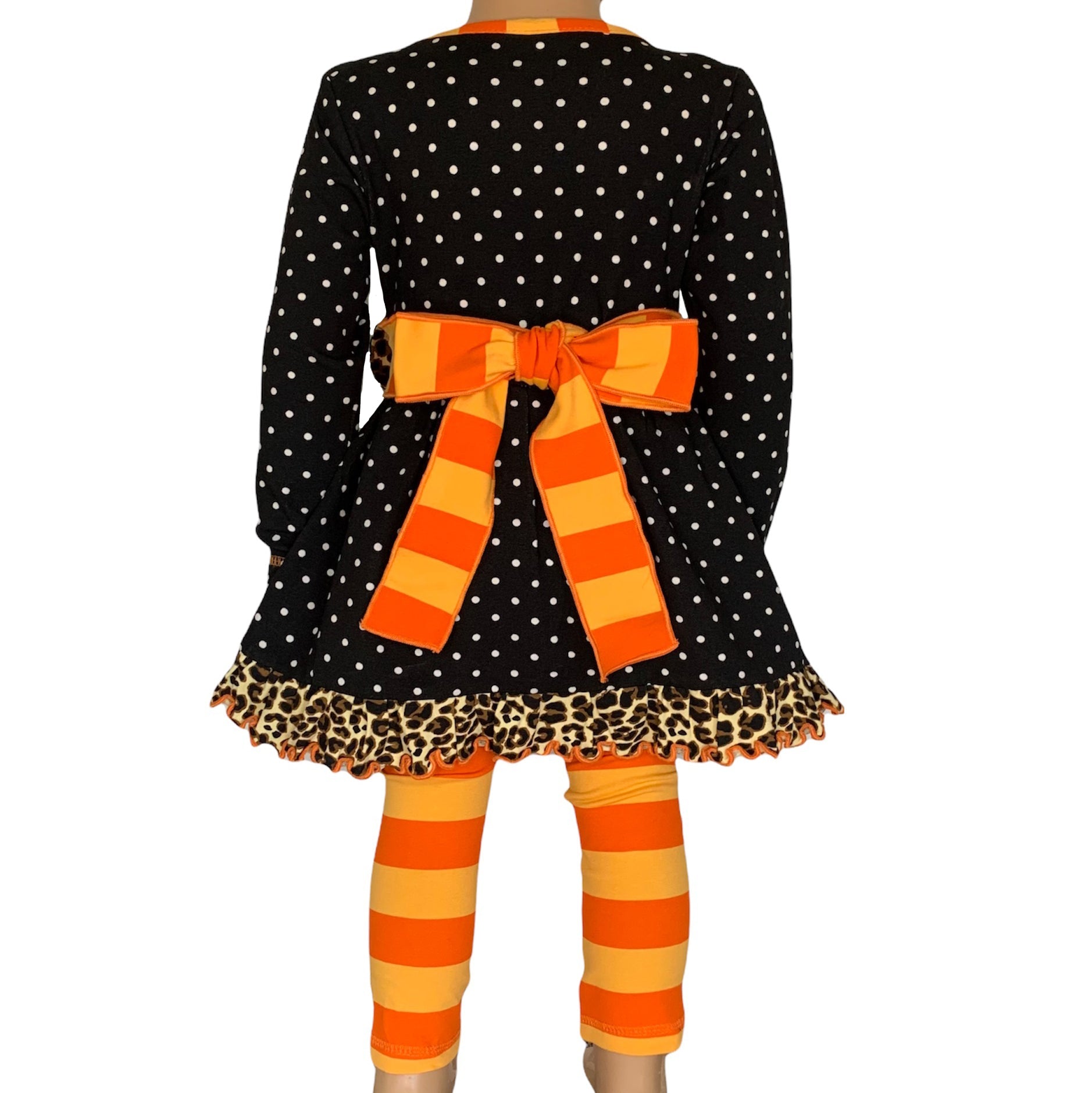 AnnLoren Girls' Halloween Orange Pumpkin Polka Dot Dress & Leggings Outfit-4