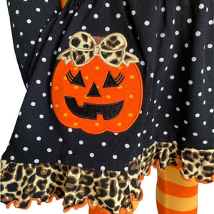 AnnLoren Girls' Halloween Orange Pumpkin Polka Dot Dress & Leggings Outfit-5