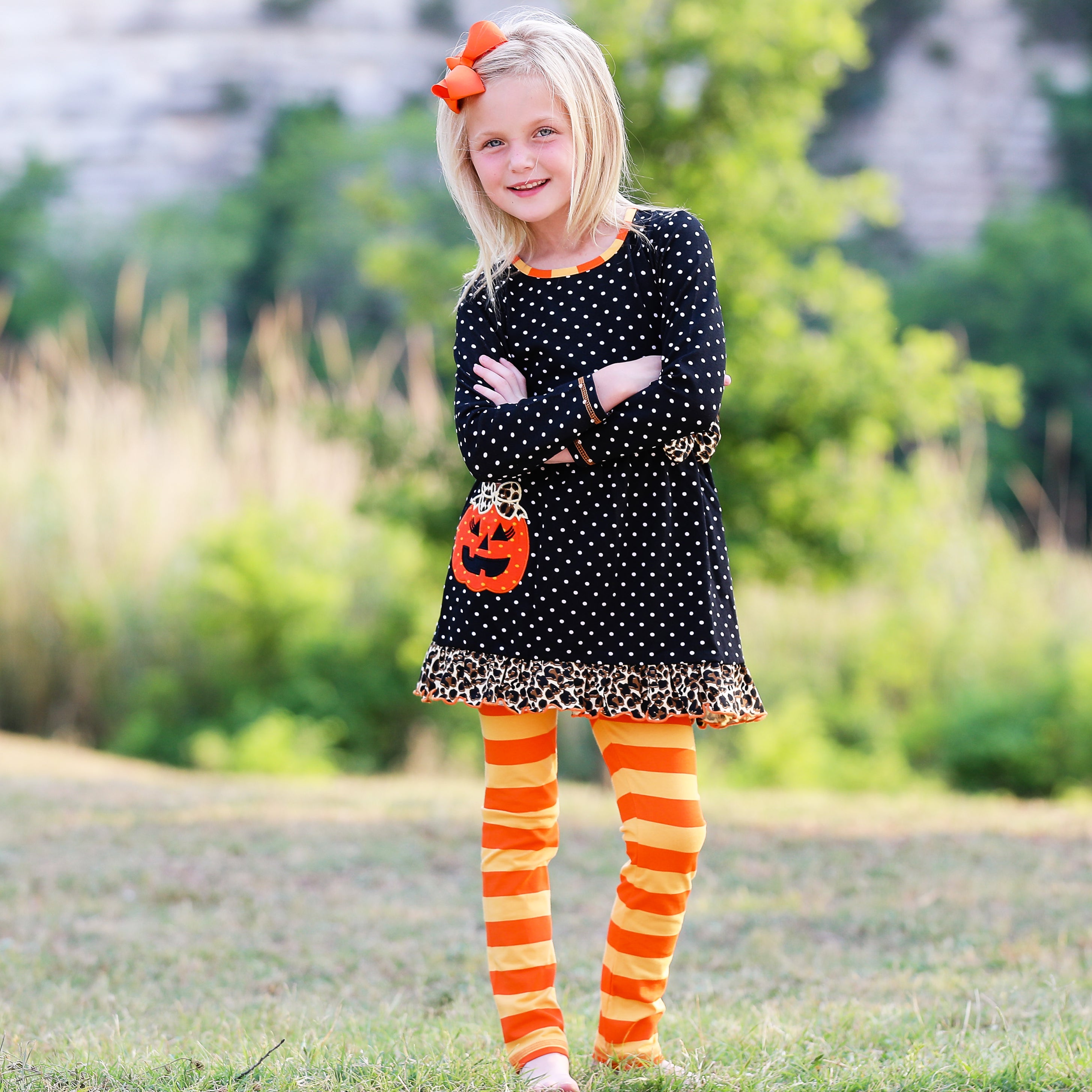 AnnLoren Girls' Halloween Orange Pumpkin Polka Dot Dress & Leggings Outfit-3