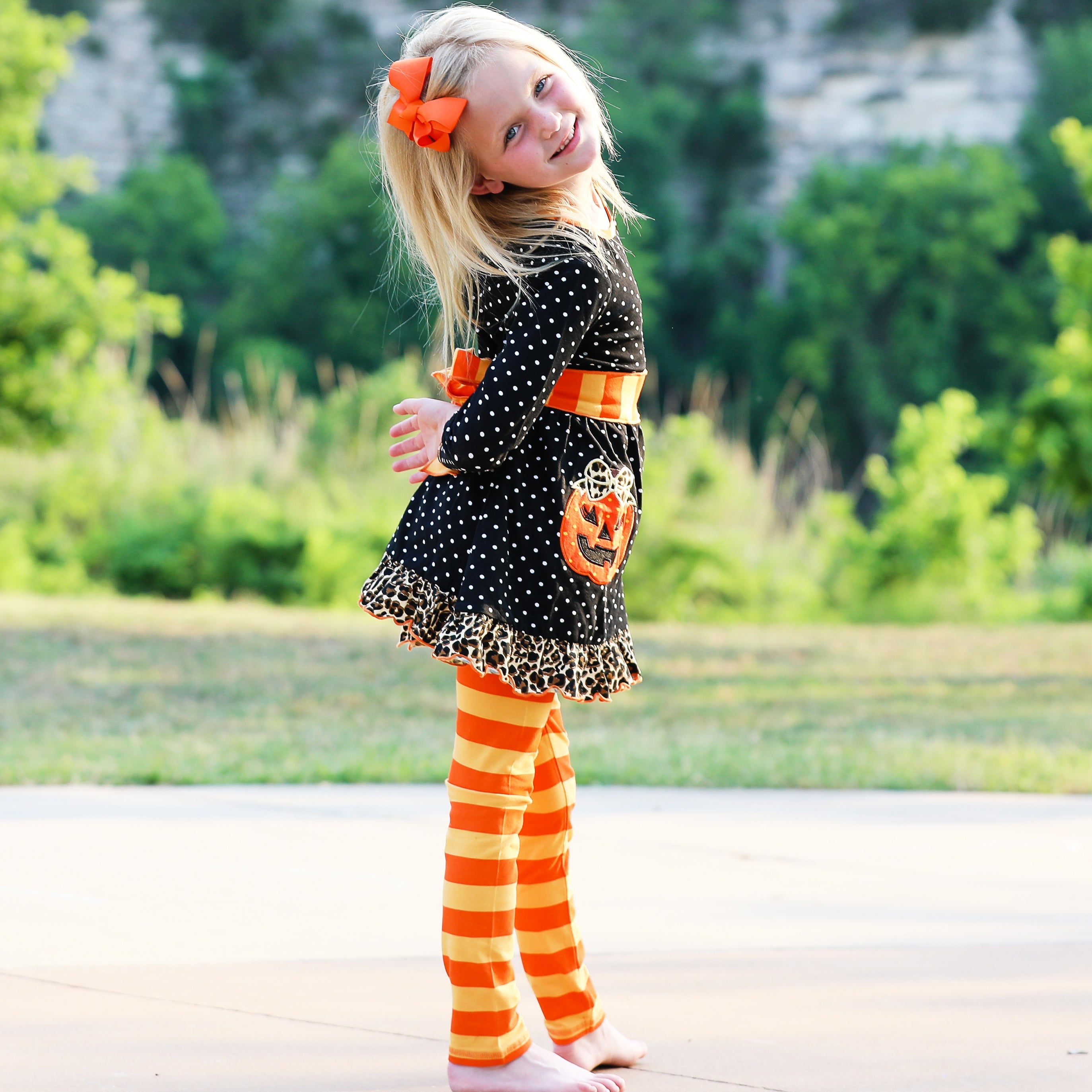AnnLoren Girls' Halloween Orange Pumpkin Polka Dot Dress & Leggings Outfit-2