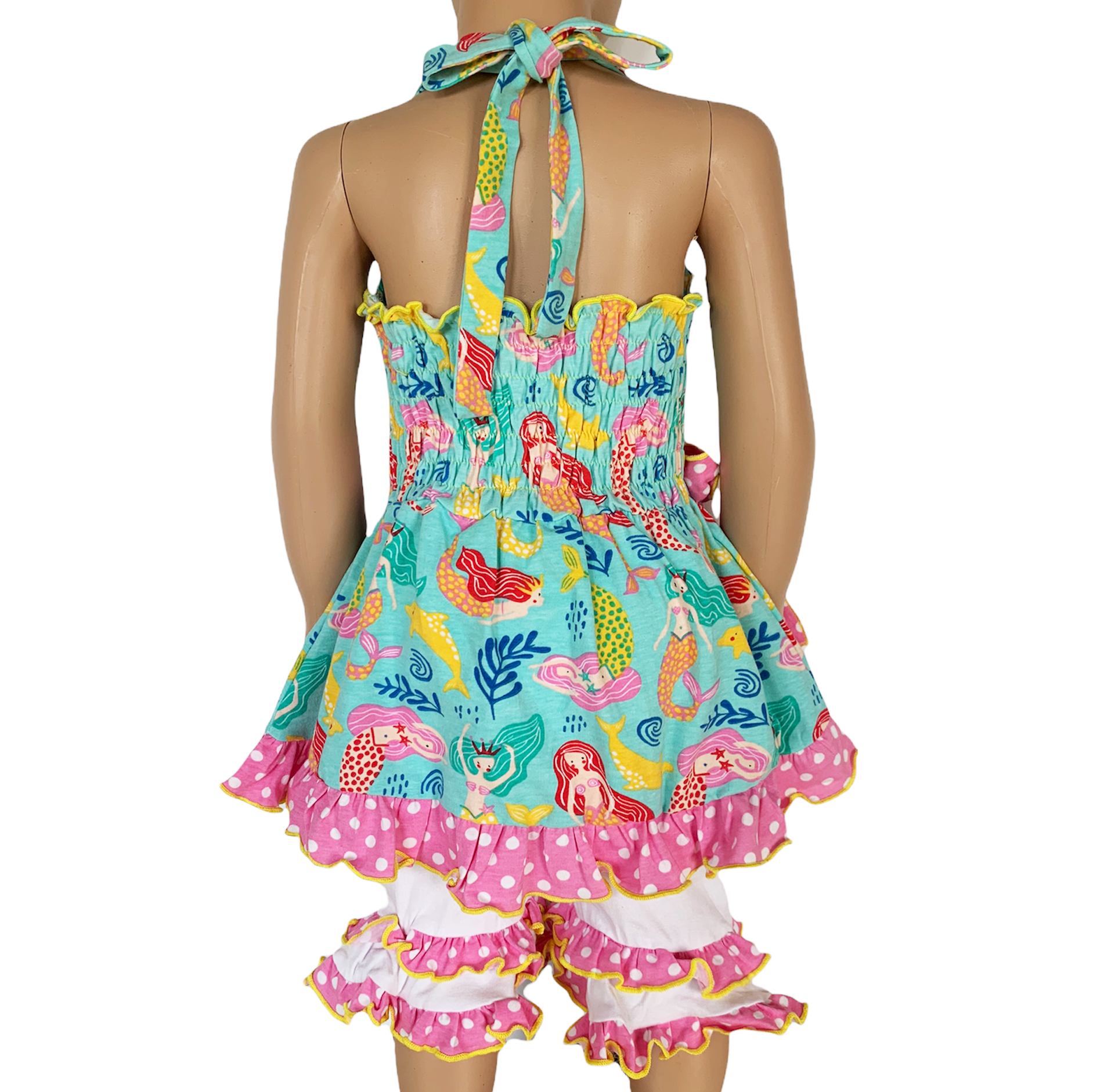 AnnLoren Girls Mermaid Halter Dress & White Ruffle Shorts Boutique Set-1