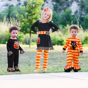 AnnLoren Girls' Halloween Orange Pumpkin Polka Dot Dress & Leggings Outfit-6