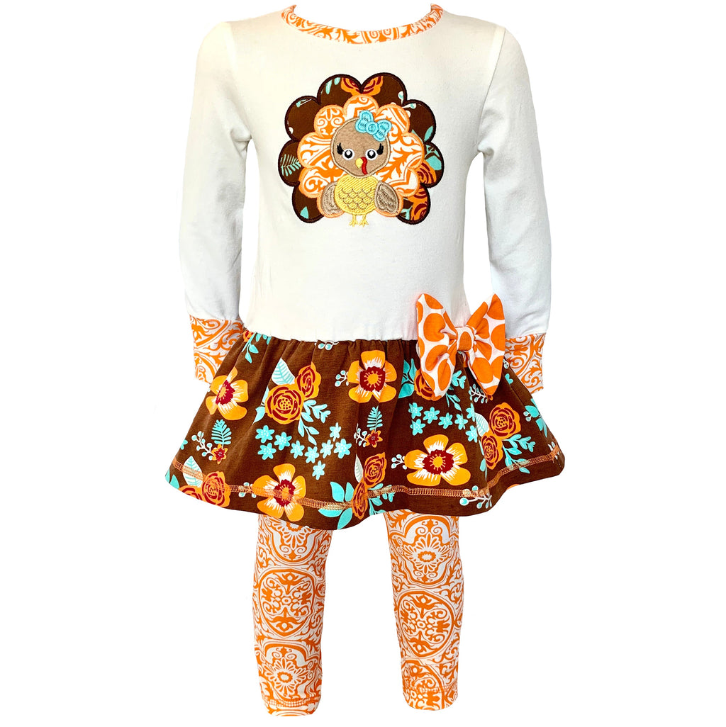 AnnLoren Big Little Girls Autumn Floral Turkey Tunic & Leggings Holiday Clothes-0
