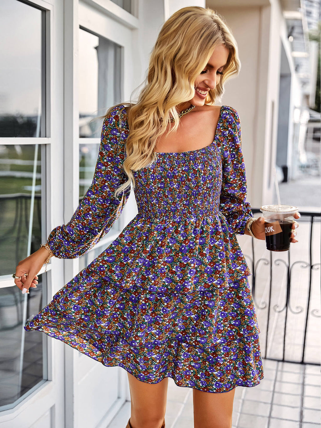 Ditsy Floral Smocked Square Neck Layered Mini Dress - 99fab 
